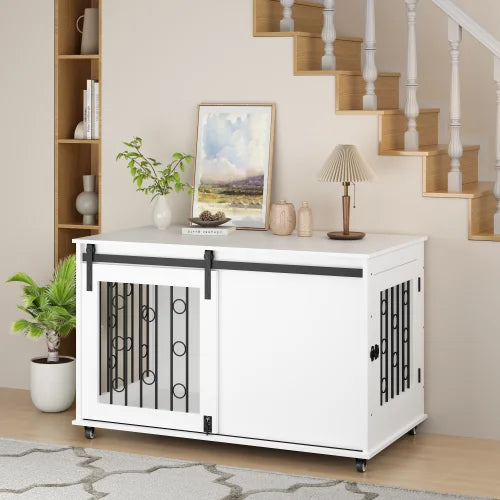 Wooden Indoor Dog Crate End Table With Sliding Barn Door