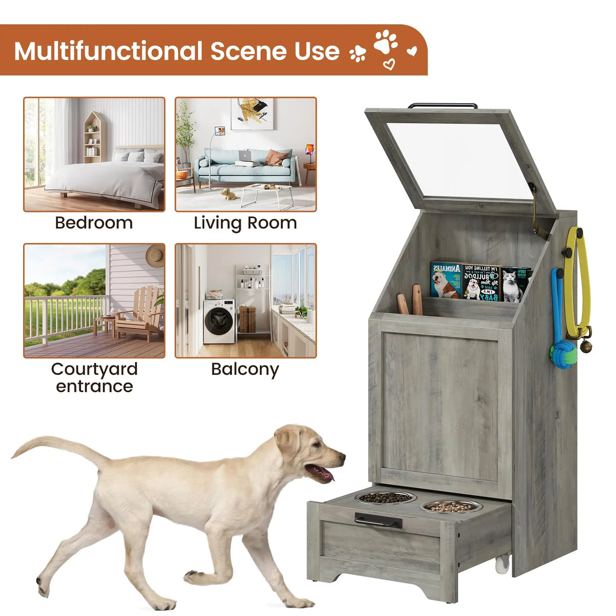 Dog Food Storage Cabinet with Feeding Bowls, Elevated Pet Feeder Station with 2 Stainless Steel Bowls, Slant Flip-Up Lid, Anti-Toppling Device, Pet Food Container for Dogs and Cats