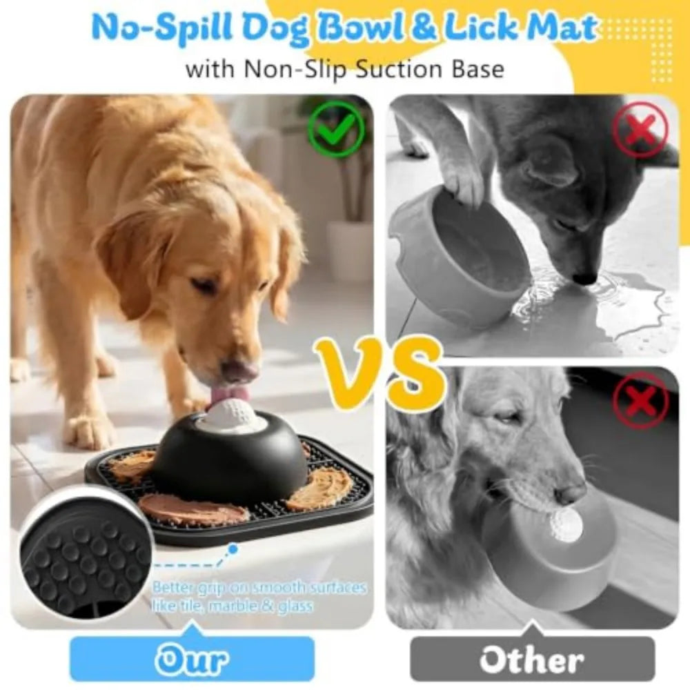 Anti-Slip Slow Feeder Dog Bowl with Interactive Rolling Ball 5/6 Cup Lick Mat for Liquid And Thick Treat Suitable for Large Medium Small Dogs And Cats Black