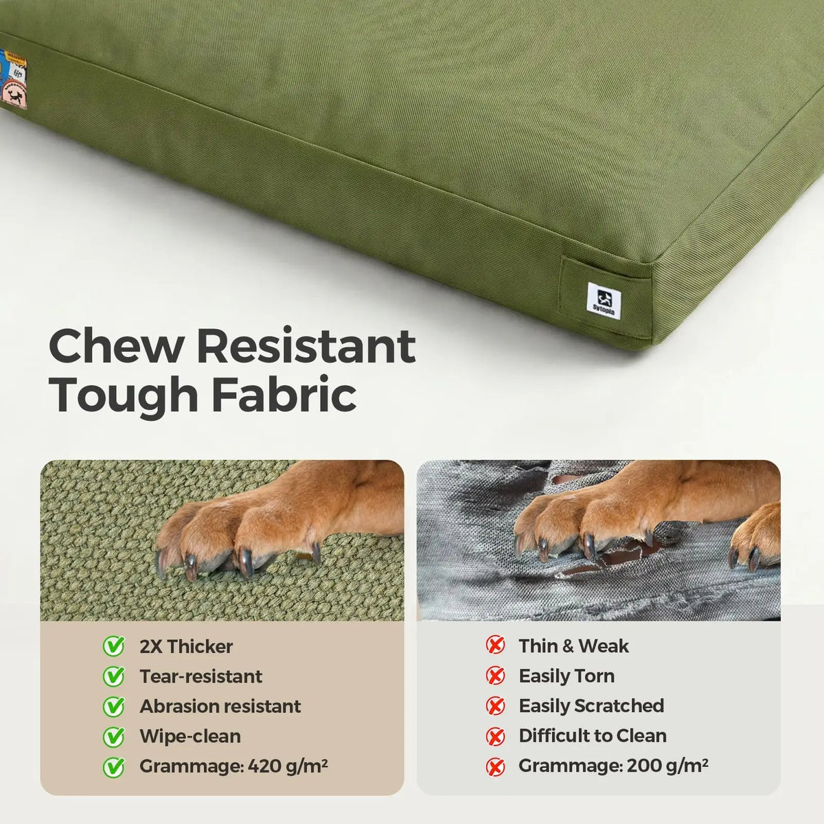 42 Inch Indestructible Canvas Outdoor Dog Bed for Extra Large Dogs, Chew Proof Waterproof Pet Bed with Machine Washable Removable Cover, Durable Indoor Patio Pet Pad for Crate, Green