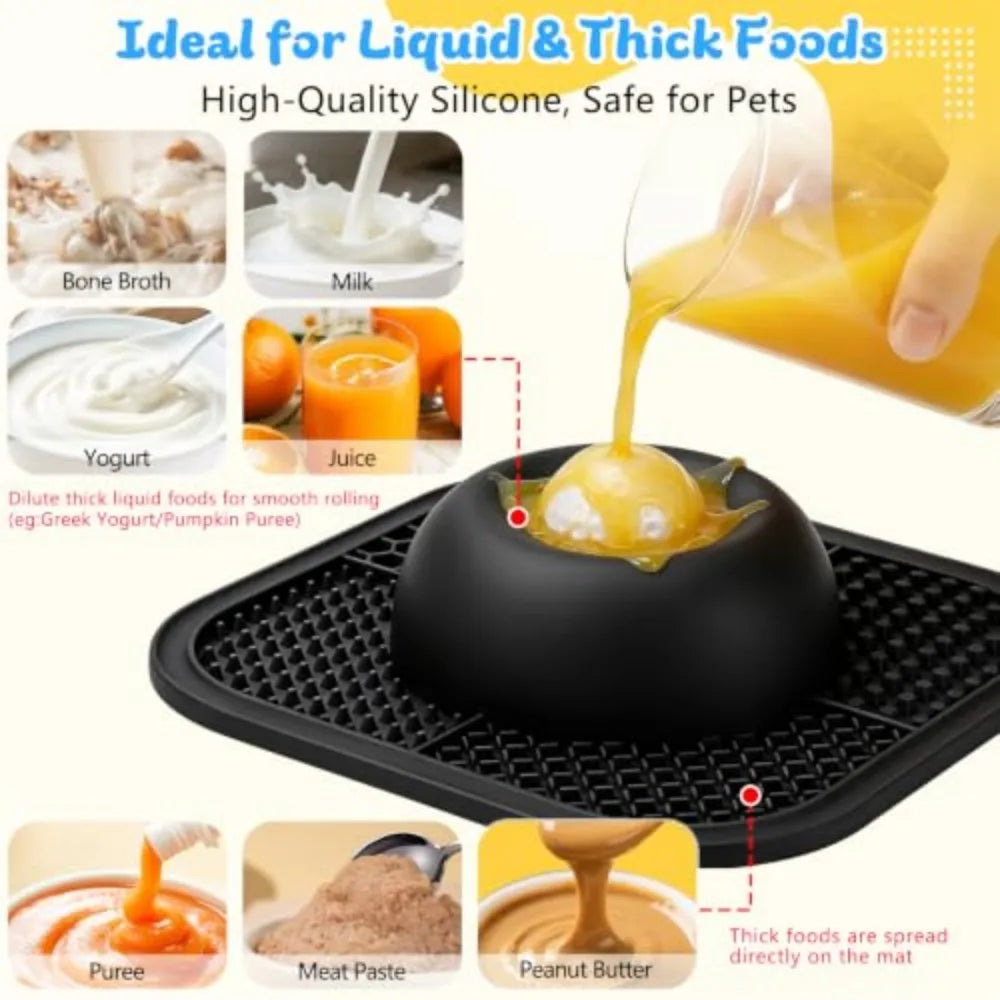 Anti-Slip Slow Feeder Dog Bowl with Interactive Rolling Ball 5/6 Cup Lick Mat for Liquid And Thick Treat Suitable for Large Medium Small Dogs And Cats Black
