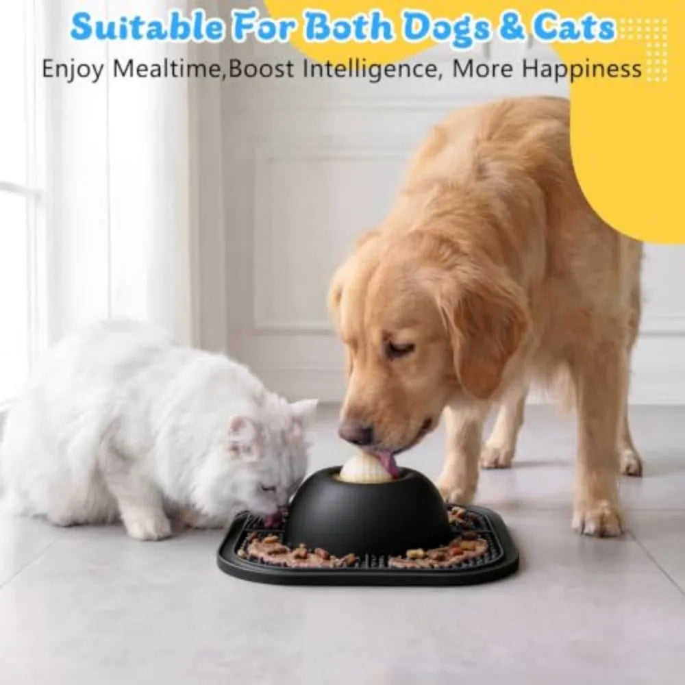Anti-Slip Slow Feeder Dog Bowl with Interactive Rolling Ball 5/6 Cup Lick Mat for Liquid And Thick Treat Suitable for Large Medium Small Dogs And Cats Black