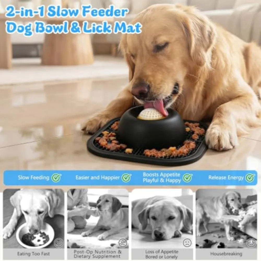 Anti-Slip Slow Feeder Dog Bowl with Interactive Rolling Ball 5/6 Cup Lick Mat for Liquid And Thick Treat Suitable for Large Medium Small Dogs And Cats Black