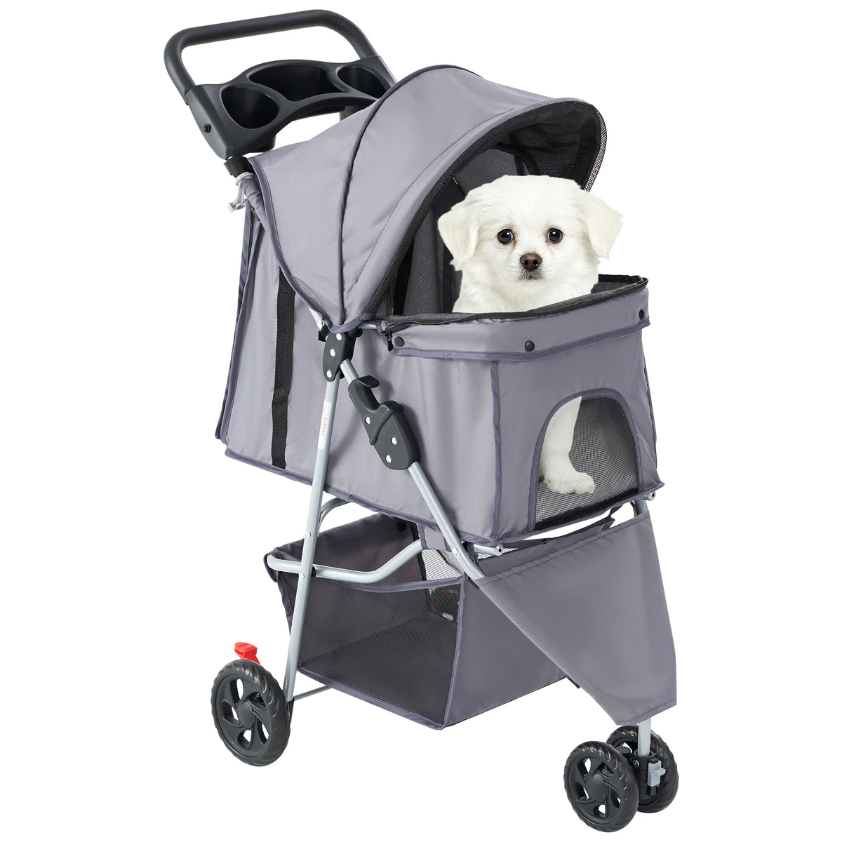 Foldable Three Wheel Pet Stroller With Mesh Windows Storage Basket