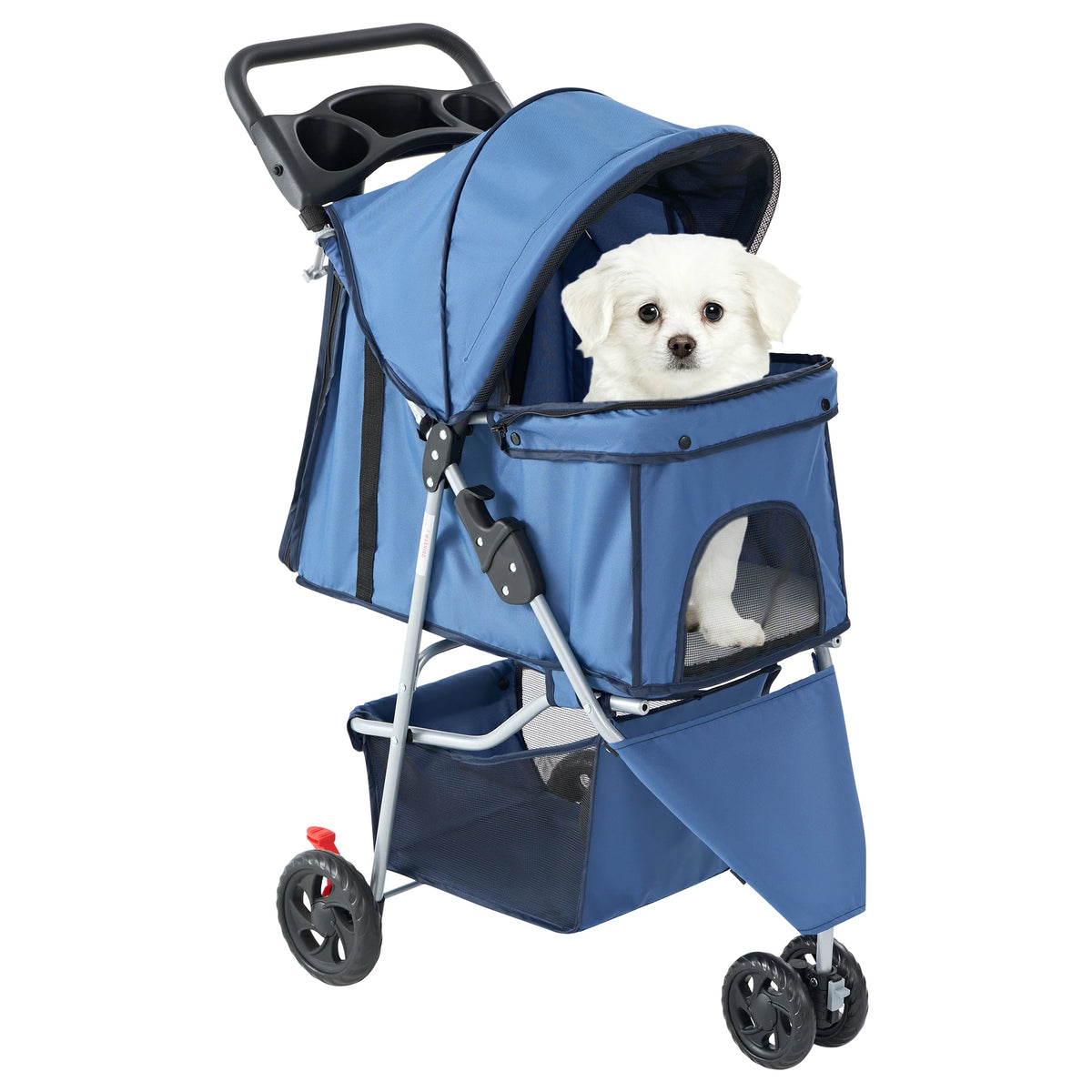 Foldable Three Wheel Pet Stroller With Mesh Windows Storage Basket