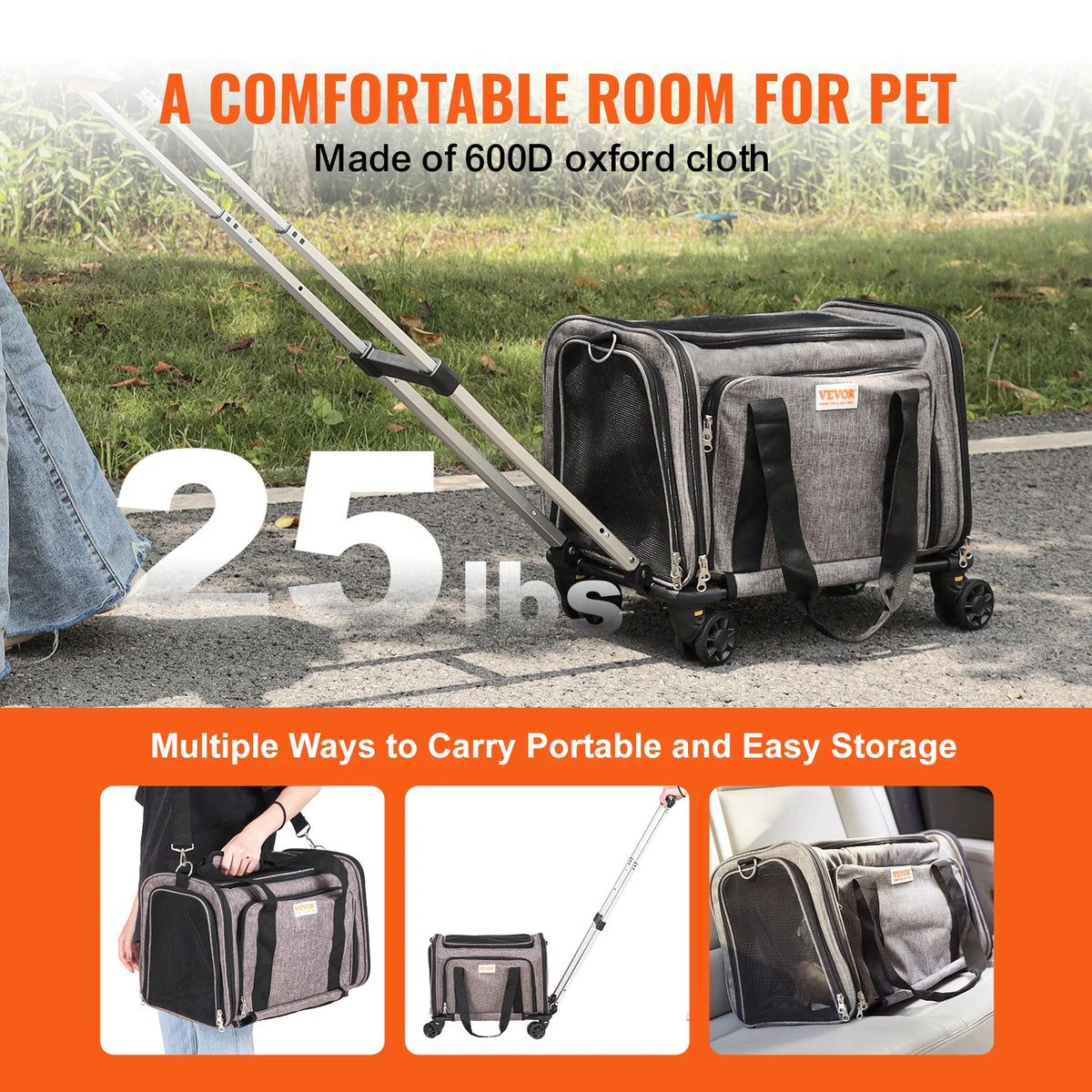 Breathable Wheeled Pet Carrier Backpack With Telescopic Handle And Wheels