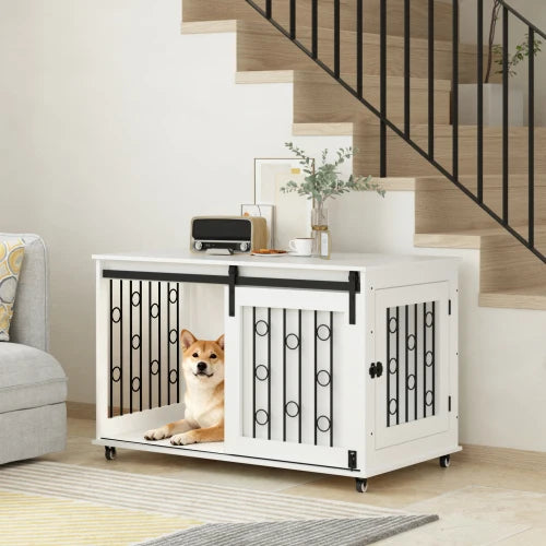 Wooden Indoor Dog Crate End Table With Sliding Barn Door