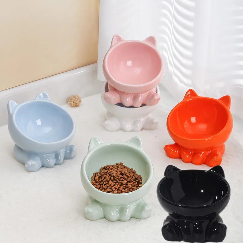 Ceramic Cat Food Bowl With Neck Guard And Oblique Rim