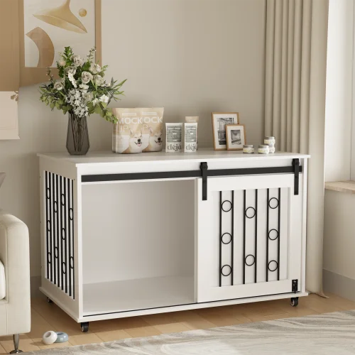 Wooden Indoor Dog Crate End Table With Sliding Barn Door