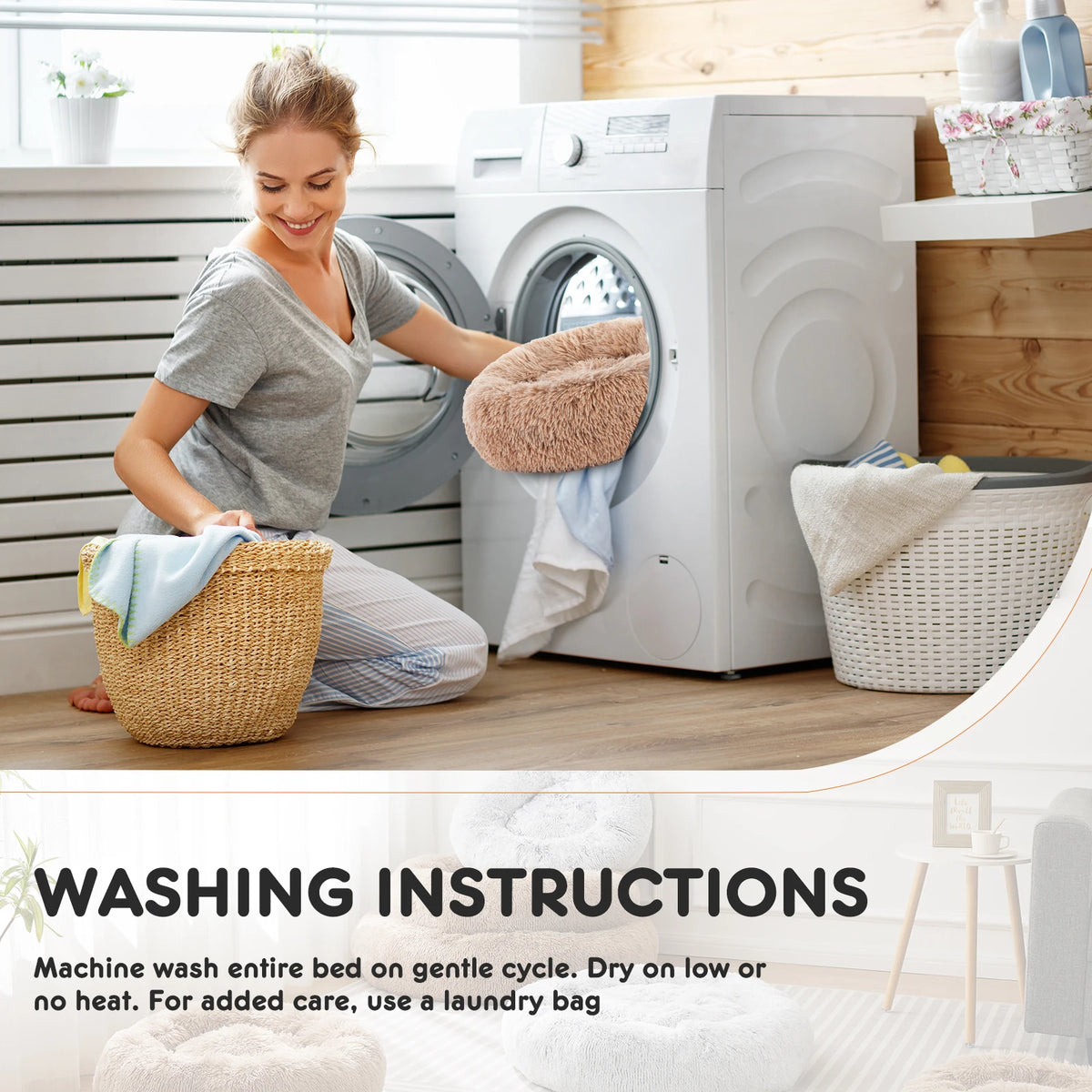 JHK Washable Calming Plush Dog Bed With Anti Slip Bottom