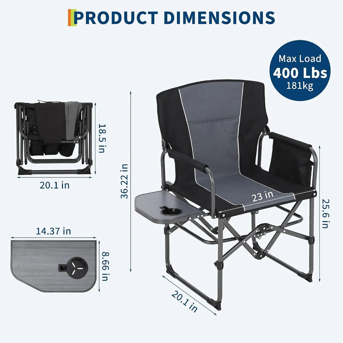 Tacleekii Camping Chair Support 400 lbs Portable Folding Chair for Adults Heavy Duty Lawn Chair with Side Table, for Camping, Sports, Picnic, Beach, Fishing