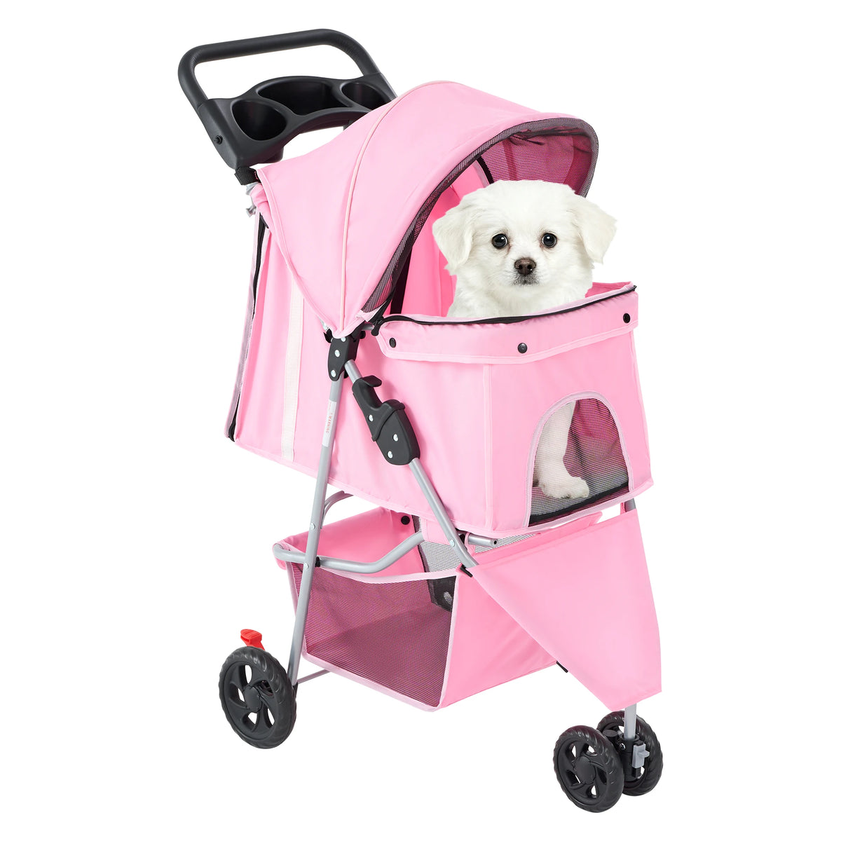 Foldable Three Wheel Pet Stroller With Mesh Windows Storage Basket