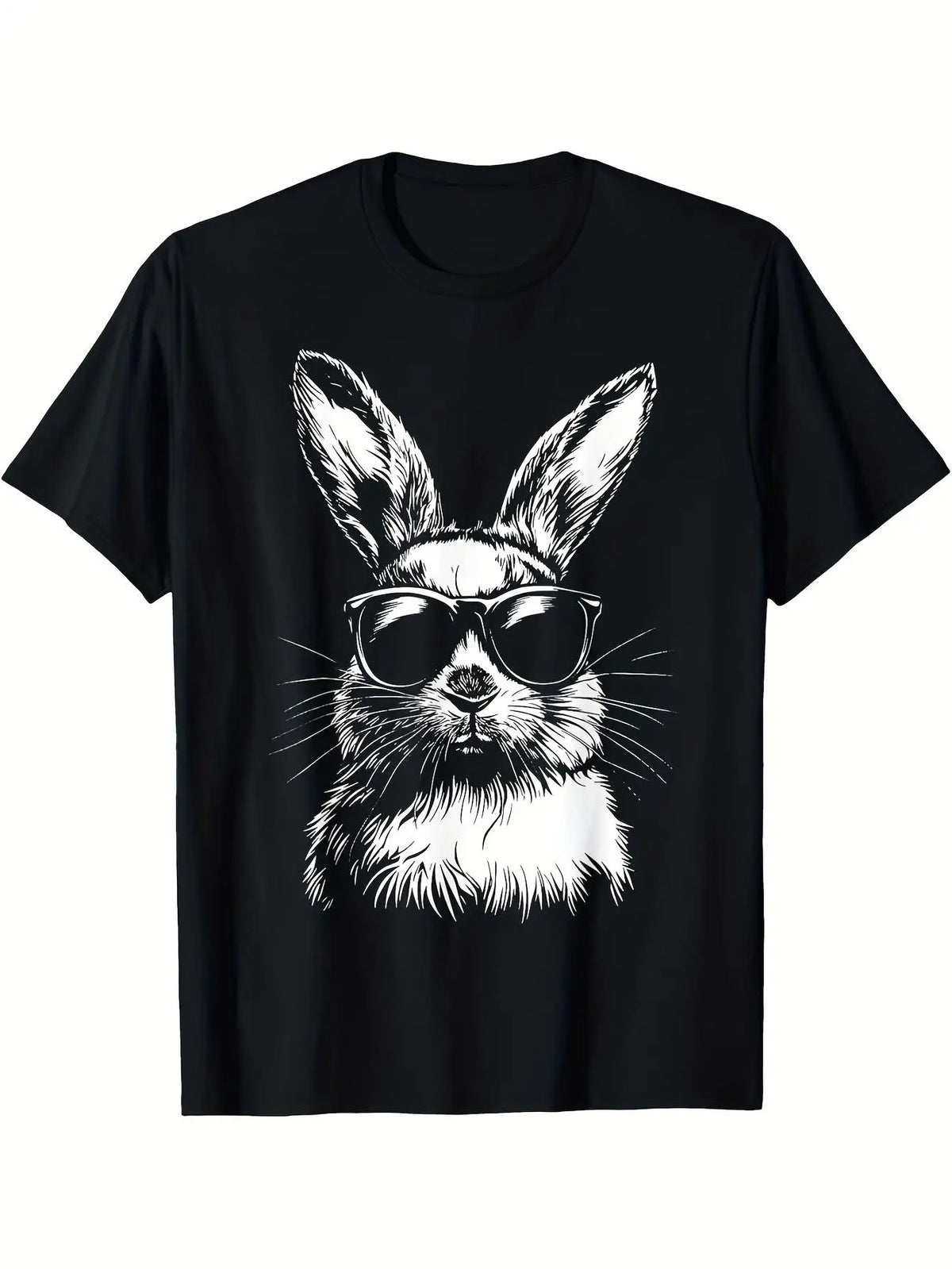 Unisex Black Rabbit Face & Glasses Print T-Shirt - White Rabbit Design Crew Neck Short Sleeve Casual Shirt, Soft Stretch, Perfect for Easter/Christmas Parties, Spring, Summer, Autumn Outfits (S-2XL) - Couple's Outfit for Husb