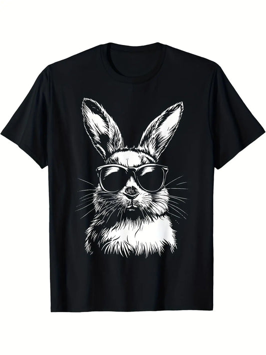Unisex Black Rabbit Face & Glasses Print T-Shirt - White Rabbit Design Crew Neck Short Sleeve Casual Shirt, Soft Stretch, Perfect for Easter/Christmas Parties, Spring, Summer, Autumn Outfits (S-2XL) - Couple's Outfit for Husb
