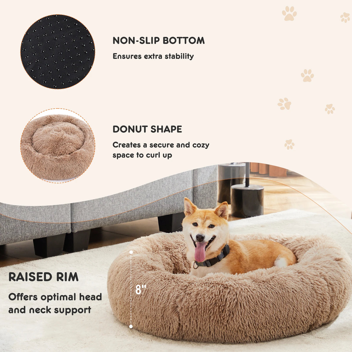 JHK Calming Round Dog Bed Plush Faux Fur Comfort Cushion