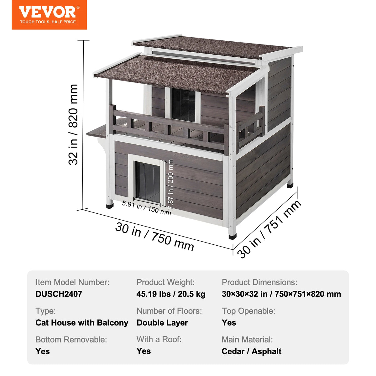 VEVOR Weatherproof Outdoor Wooden Cat House With Balcony
