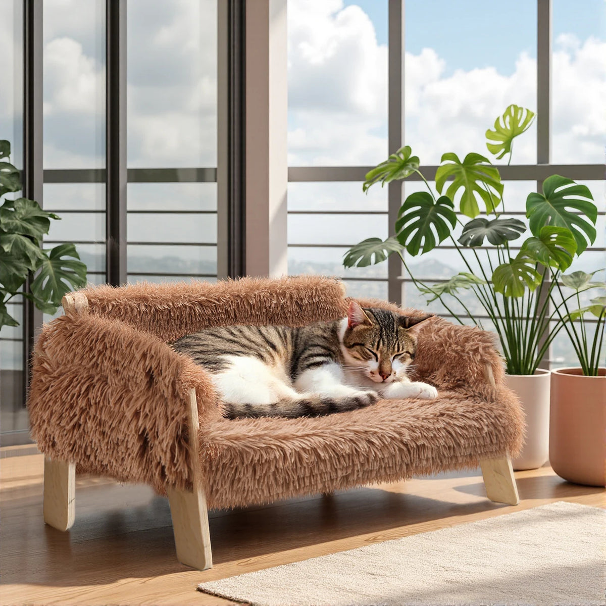 Elevated Plush Cat Sofa Bed Sturdy Wooden Frame Furniture