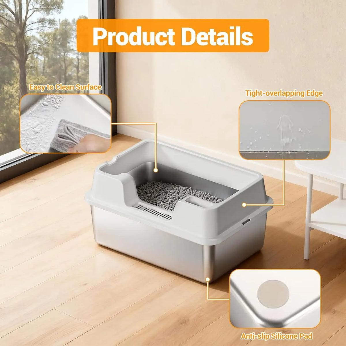 HiMISS Enclosed Stainless Steel Cat Litter Box With High Walls