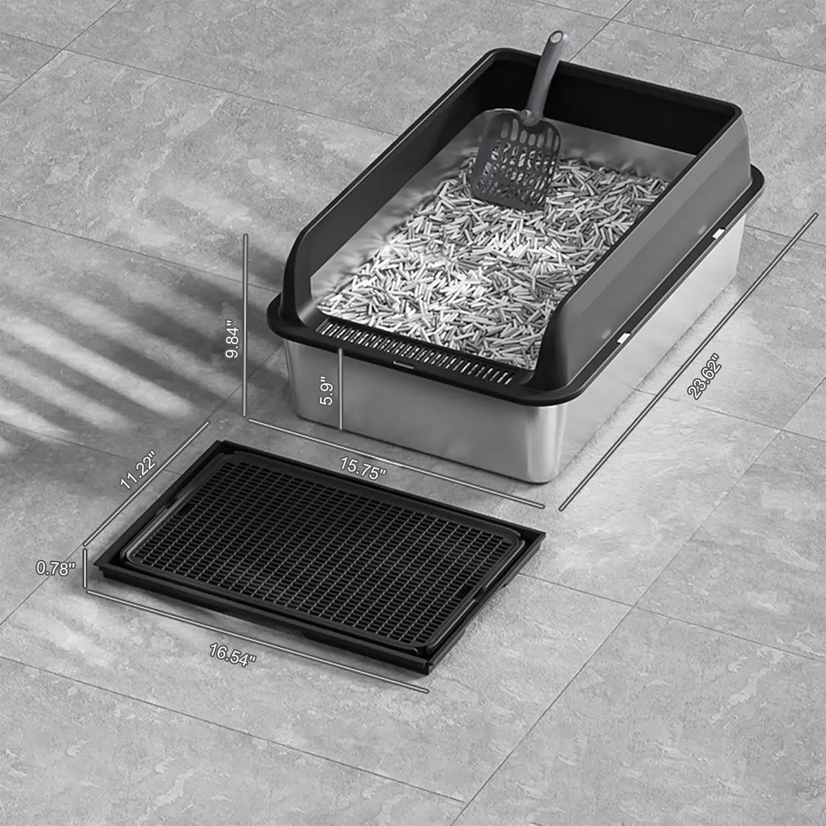 Garvee Stainless Steel Cat Litter Box Leak-proof Semi-enclosed Splash-proof Covered Cat Toilet with Removable Lid for Large Cats for Home High Sided, Top Entry, Anti-Tracking, Step Plate,