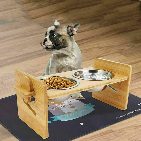 Wooden Raised Cat Bowls With Bamboo Stand Stainless Height Adjustable