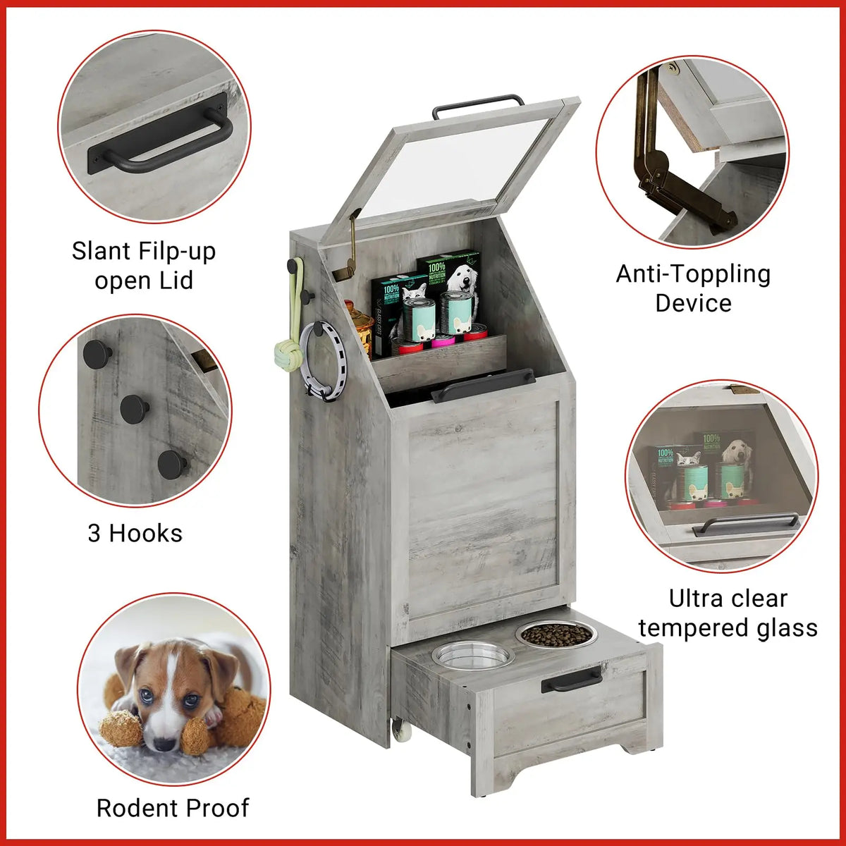 Dog Food Storage Cabinet with Feeding Bowls, Elevated Pet Feeder Station with 2 Stainless Steel Bowls, Slant Flip-Up Lid, Anti-Toppling Device, Pet Food Container for Dogs and Cats