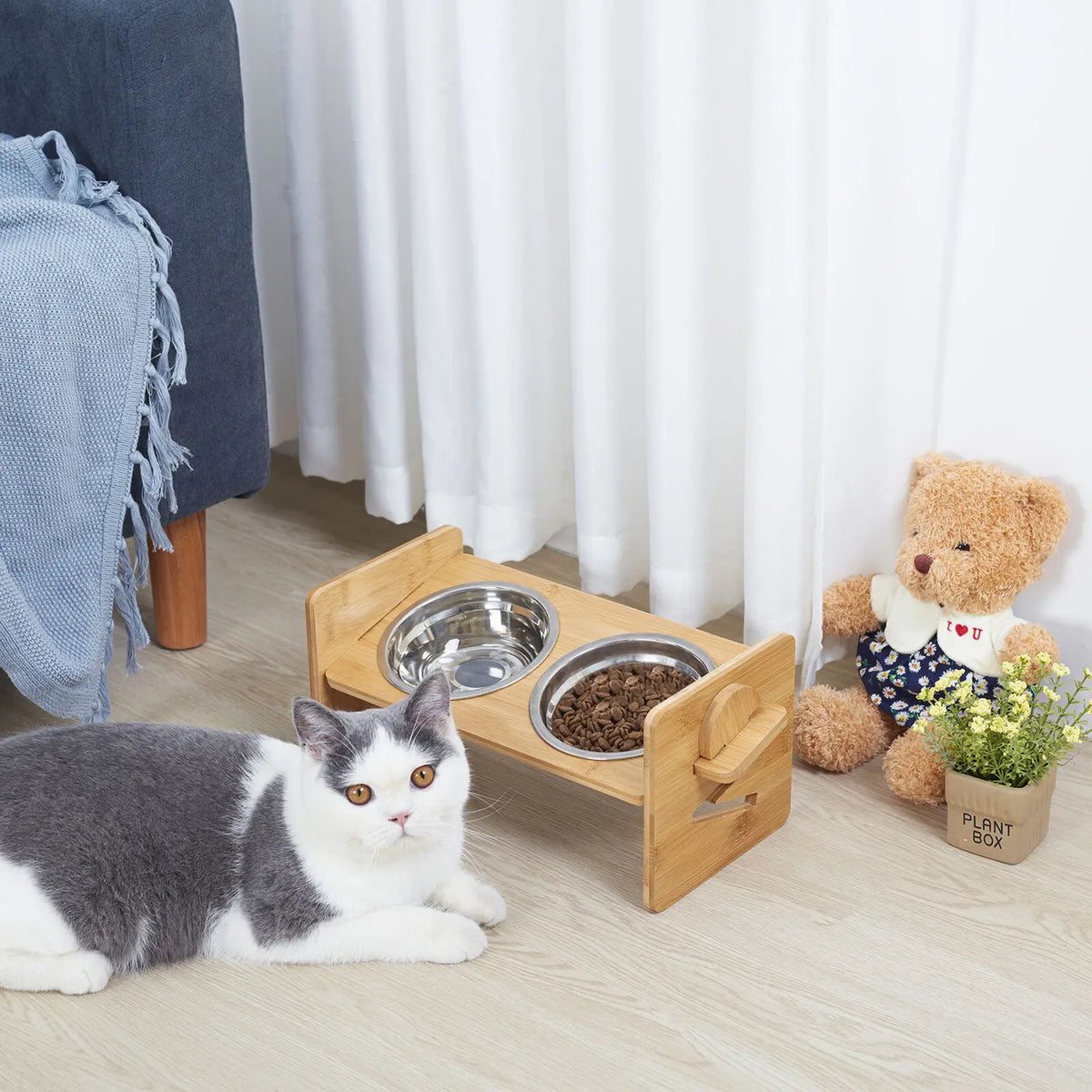 Height Adjustable Wooden Raised Cat Stainless Steel Double Bowls
