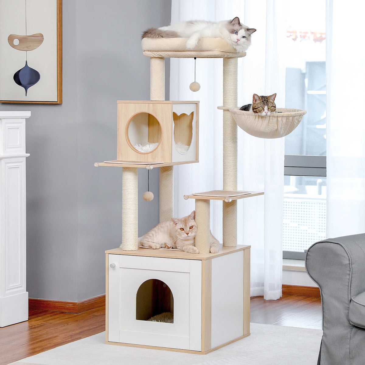 PAWZ Indoor Wooden Cat Tree Tower With Hammock And Posts