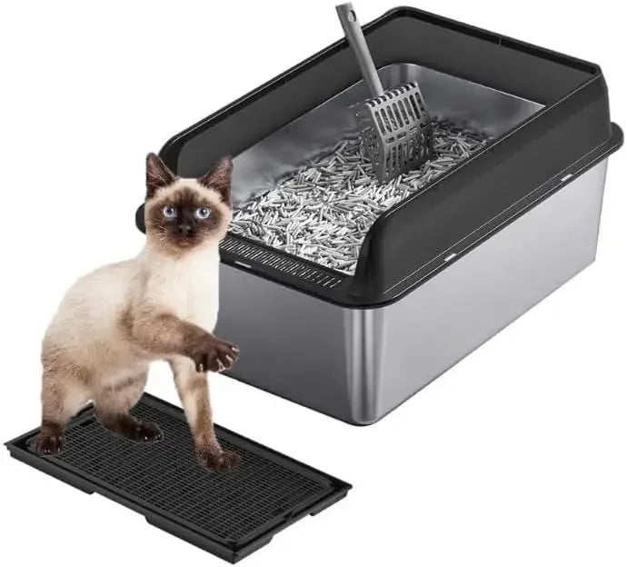 Garvee Stainless Steel Cat Litter Box Leak-proof Semi-enclosed Splash-proof Covered Cat Toilet with Removable Lid for Large Cats for Home High Sided, Top Entry, Anti-Tracking, Step Plate,