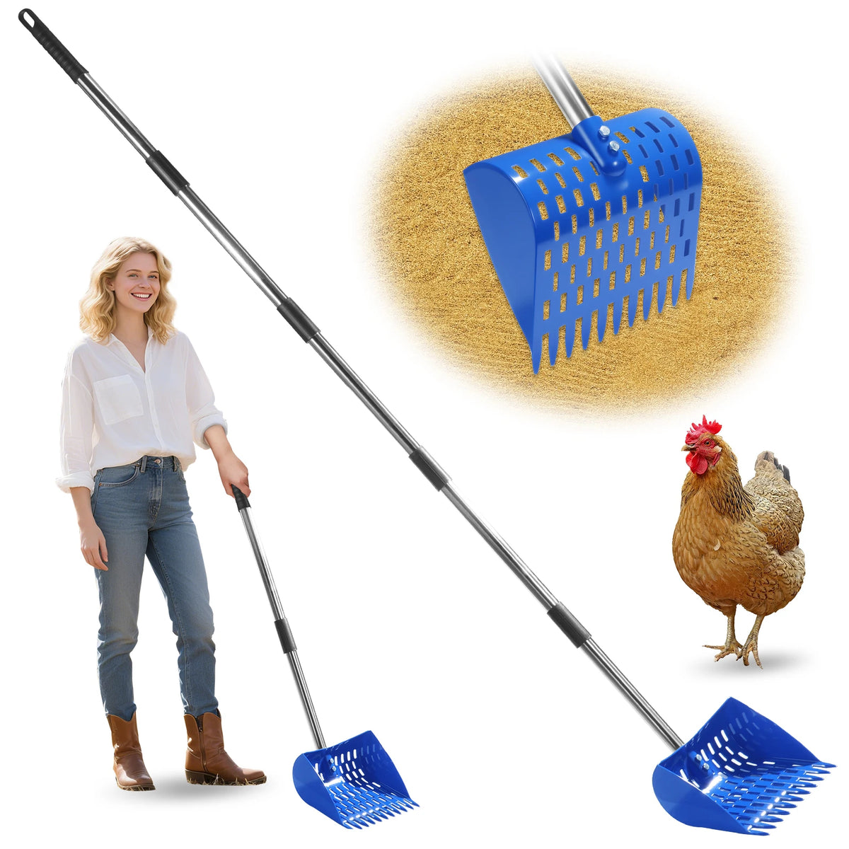 Ergonomic 2-in-1 Chicken Manure Shovel and Rake with Adjustable Handle