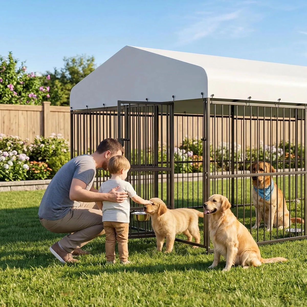 Super Large Outdoor Dog Kennel 20FT Heavy Duty Metal Dog Run Enclosure Walk In Dog Cage with Iron Alloy Frame Secure Gate Feed Access Modular Panels A Frame Top Pet Pen for Dogs Chickens Ducks Geese Backyard Garden Farm