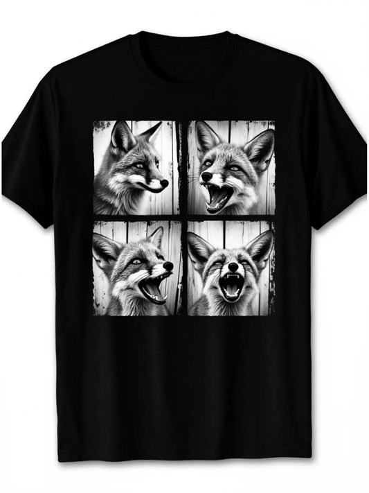 Unisex T-shirt with a humorous fox face graphic - realistic design of a smiling fox, black tee with a vivid animal face, suitable for everyday wear - clothing for animal lovers, all-season fashion, retro-style shirt, opaque f
