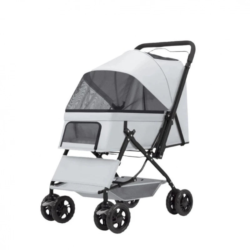 One-Click Folding Pet Travel Stroller, 4 Wheels Lightweight Dog Cat Trolley with Breathable Mesh and Storage Basket for Outdoor Walking