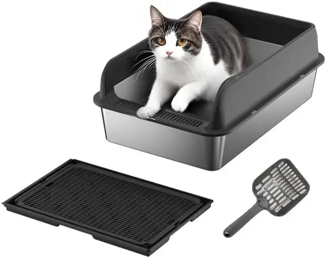 Garvee Stainless Steel Cat Litter Box Leak-proof Semi-enclosed Splash-proof Covered Cat Toilet with Removable Lid for Large Cats for Home High Sided, Top Entry, Anti-Tracking, Step Plate,