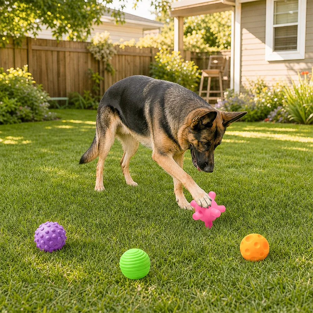 Dog Chew Toy Balls 4 Pack, Textured Soft Rubber Interactive Fetch Play Balls, High Quality Bite Resistant Pet Teething Toy, Colorful Design, Perfect Halloween Holiday Gift for Small Medium Dogs, Indoor & Outdoor Entertainment