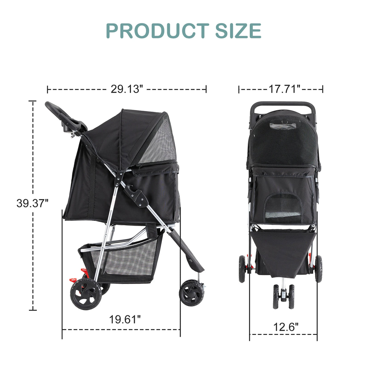 Foldable Three Wheel Pet Stroller With Mesh Windows Storage Basket