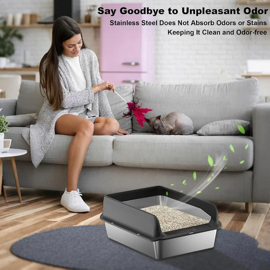 Garvee Stainless Steel Cat Litter Box Leak-proof Semi-enclosed Splash-proof Covered Cat Toilet with Removable Lid for Large Cats for Home High Sided, Top Entry, Anti-Tracking, Step Plate,