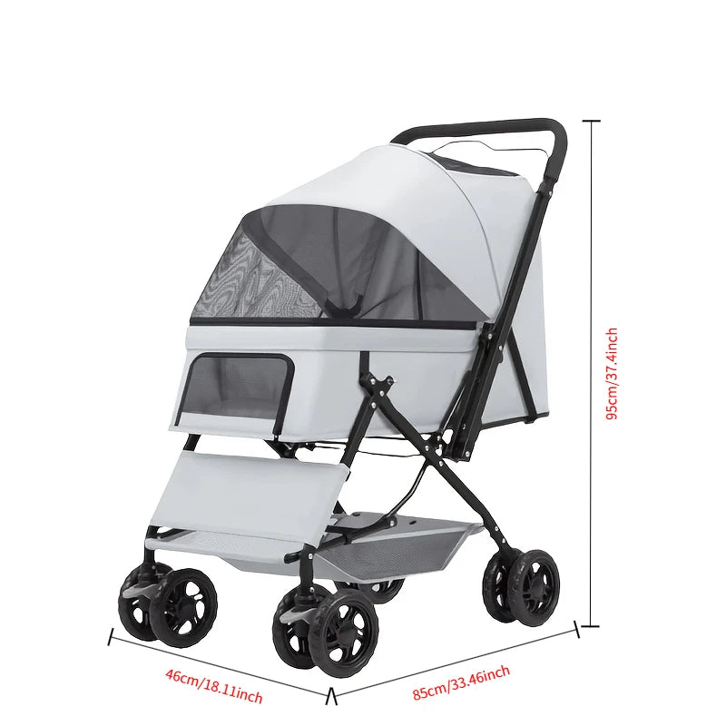 One-Click Folding Pet Travel Stroller, 4 Wheels Lightweight Dog Cat Trolley with Breathable Mesh and Storage Basket for Outdoor Walking