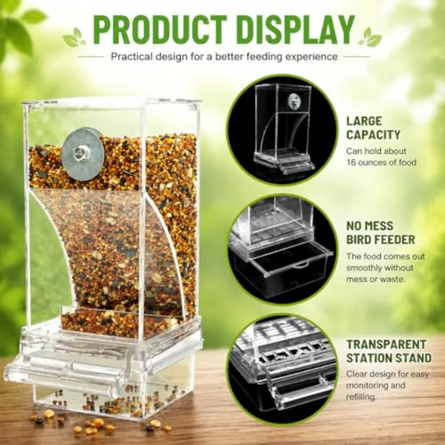 Acrylic Auto Bird Feeder, No Mess Design, Large Capacity, for Budgies Cockatiels Lovebirds, Indoor Home Daily Feeding Tool