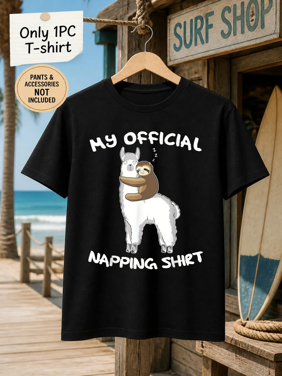 1pc Mens Graphic T Shirt My Official Napping Shirt Sloth Hugging Llama Print Short Sleeve Crew Neck[solely 1pc T-SHIRT]