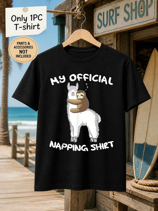 1pc Mens Graphic T Shirt My Official Napping Shirt Sloth Hugging Llama Print Short Sleeve Crew Neck[solely 1pc T-SHIRT]