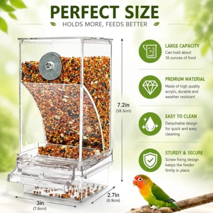 Acrylic Auto Bird Feeder, No Mess Design, Large Capacity, for Budgies Cockatiels Lovebirds, Indoor Home Daily Feeding Tool