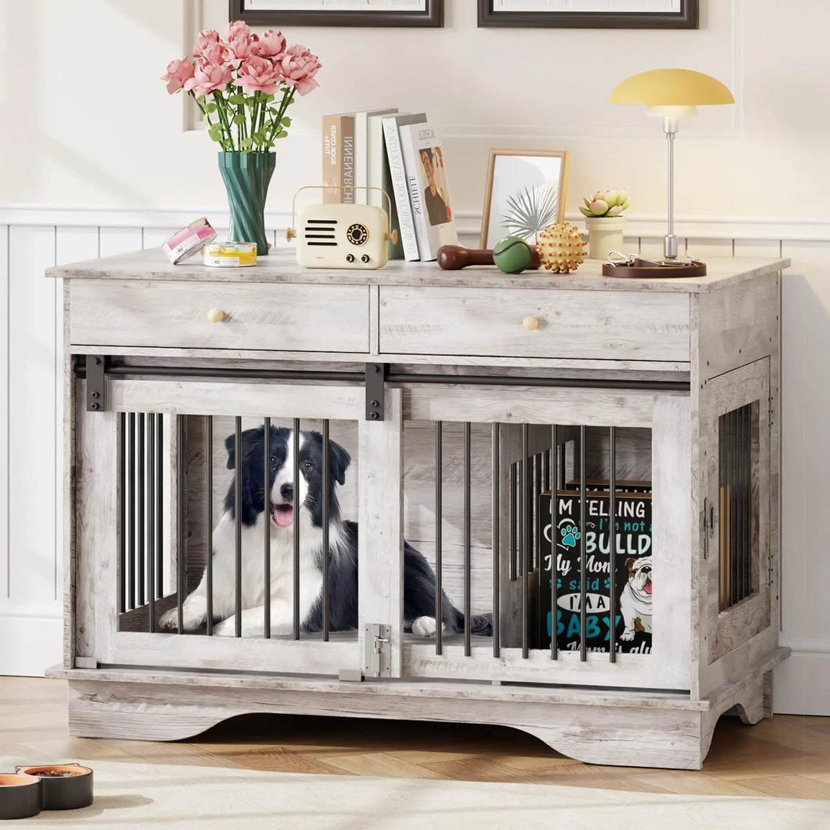 Stylish Furniture Style Indoor Dog Crate With Storage Drawers