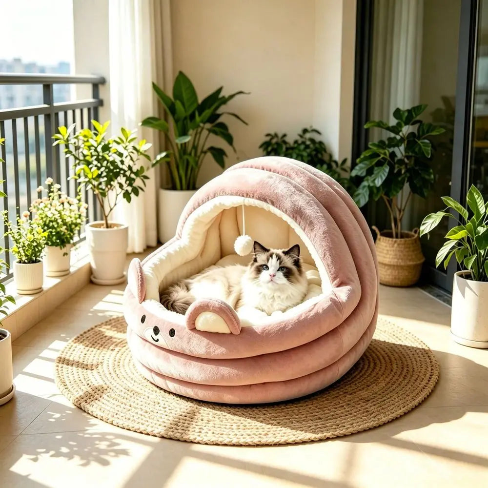 Premium Calming Enclosed Pet Bed With Soft Plush Cushion