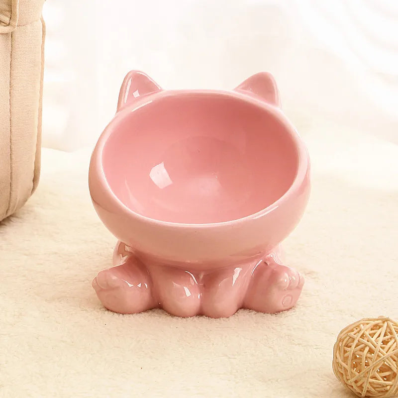Ceramic Cat Food Bowl With Neck Guard And Oblique Rim