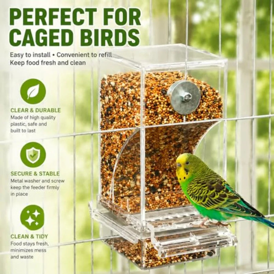 Acrylic Auto Bird Feeder, No Mess Design, Large Capacity, for Budgies Cockatiels Lovebirds, Indoor Home Daily Feeding Tool