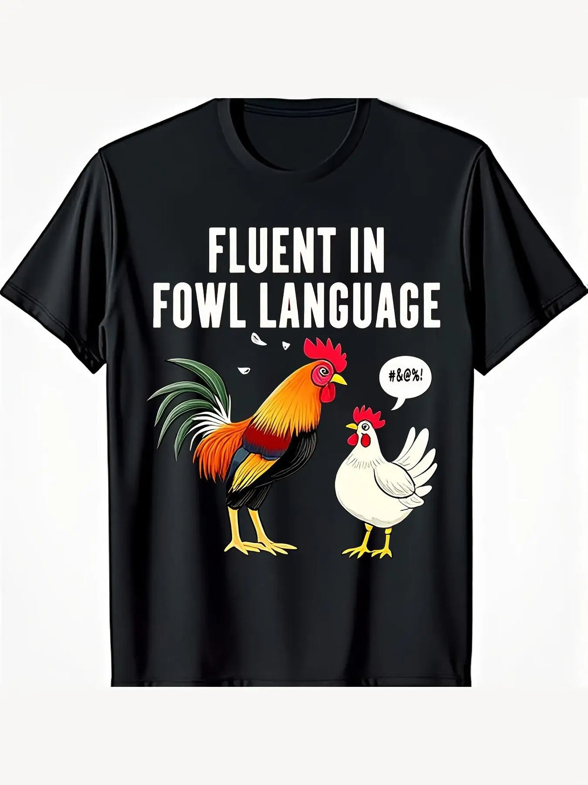 Unisex Men's Funny Chicken T-Shirt - "Fluent in Rooster Language" slogan with rooster and hen cartoon design, 220gsm heavy cotton casual tee, black humorous poultry shirt, size S, for farm-themed parties and casual wear.