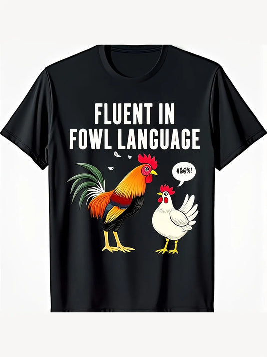 Unisex Men's Funny Chicken T-Shirt - "Fluent in Rooster Language" slogan with rooster and hen cartoon design, 220gsm heavy cotton casual tee, black humorous poultry shirt, size S, for farm-themed parties and casual wear.