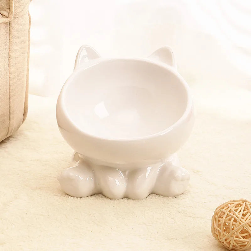 Ceramic Cat Food Bowl With Neck Guard And Oblique Rim