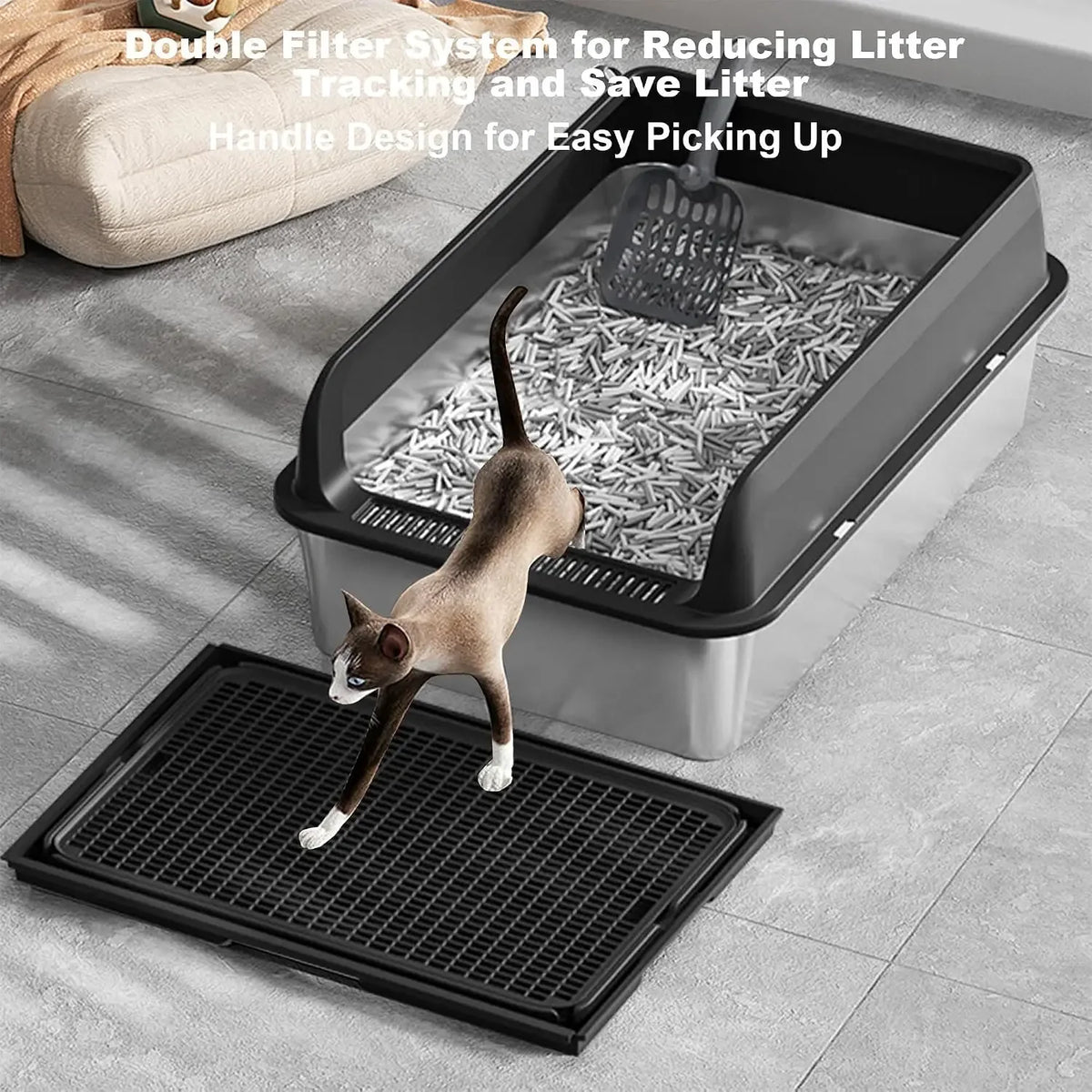 Garvee Stainless Steel Cat Litter Box Leak-proof Semi-enclosed Splash-proof Covered Cat Toilet with Removable Lid for Large Cats for Home High Sided, Top Entry, Anti-Tracking, Step Plate,