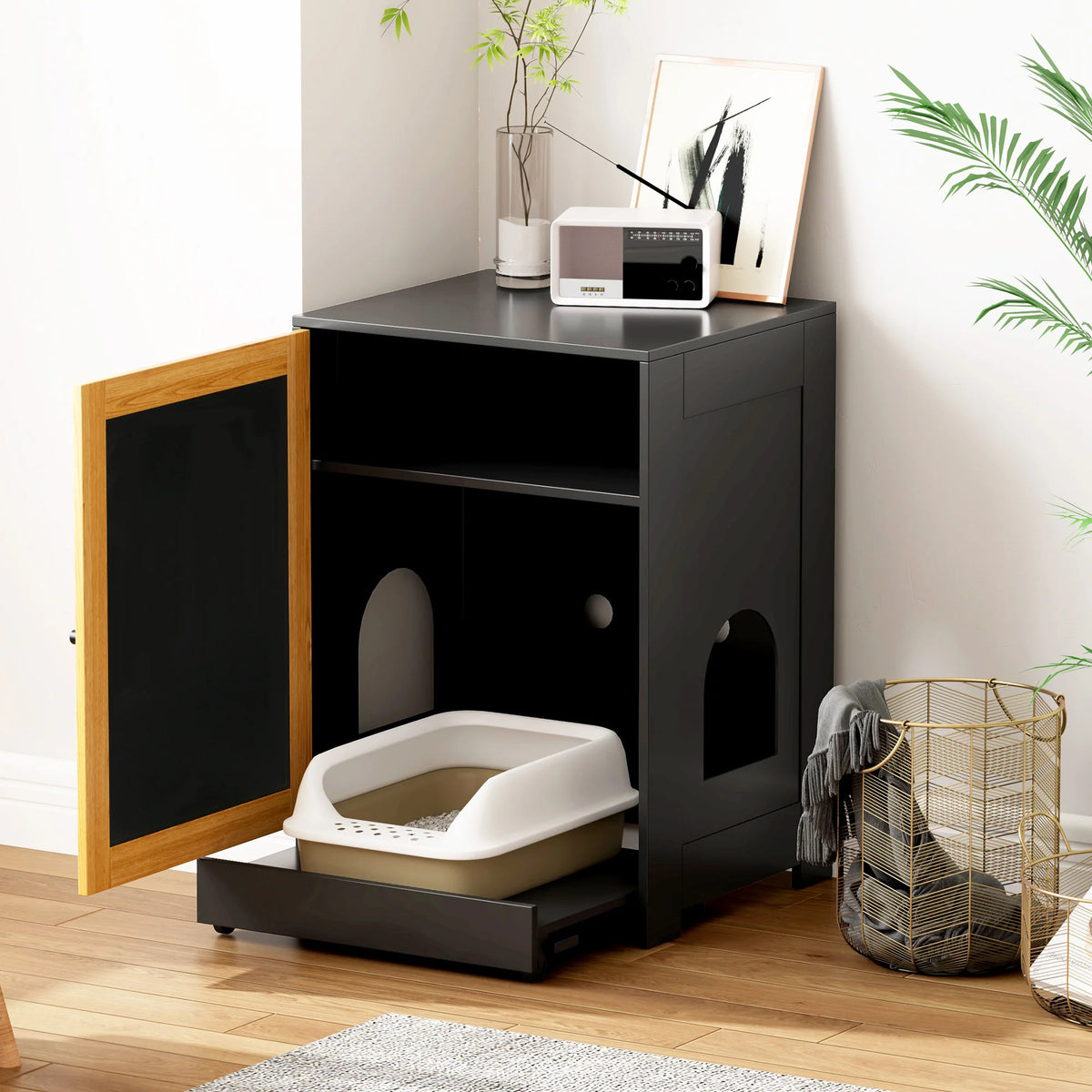 Hidden Cat Litter Box Enclosure With Sisal Scratching Door